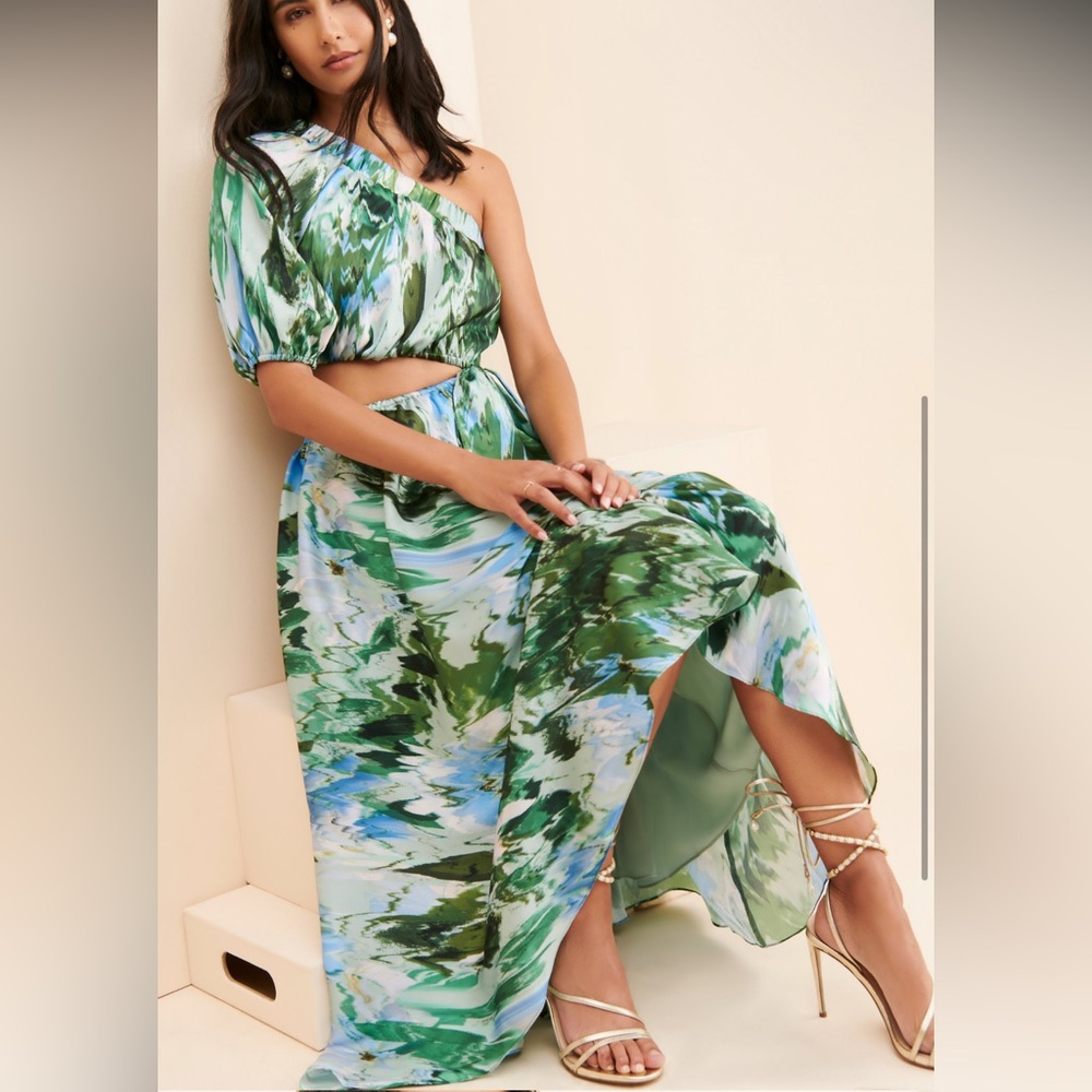 ML Monique Lhuillier One-Shoulder Satin Midi (Like new, Size 4, green and blue)